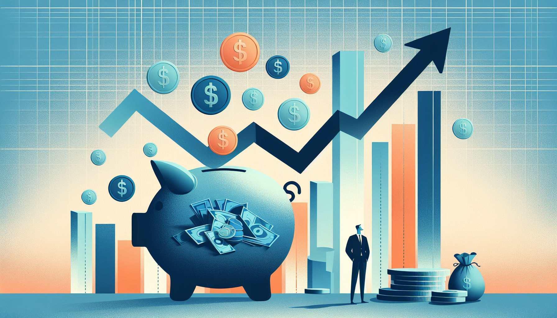 Piggy bank with coins and ascending graph representing dividend mutual funds
