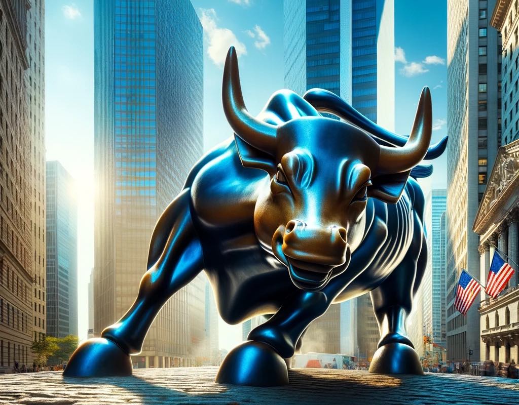 A dynamic sculpture of a bull representing the Wall Street Bull market